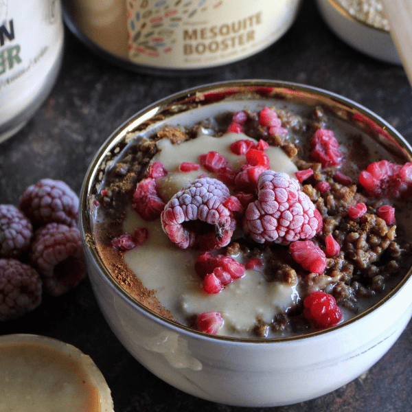 Chocolate protein quinoa porridge boosted with Mesquite booster | The Harvest Table