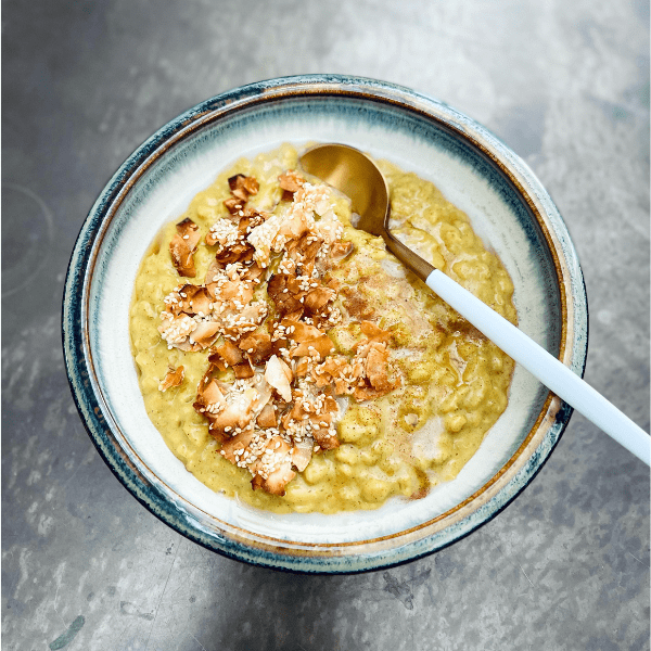 Golden milk Collagen oats with sesame coconut brittle | The Harvest Table